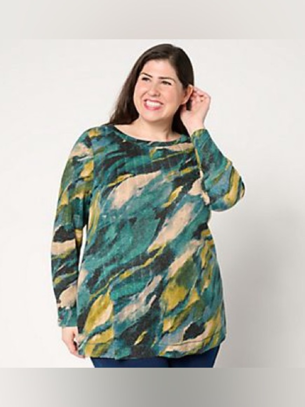 Susan Graver Weekend Metalics Print Long Sleeve Tunic -Vibrant Jade  Plus 2X